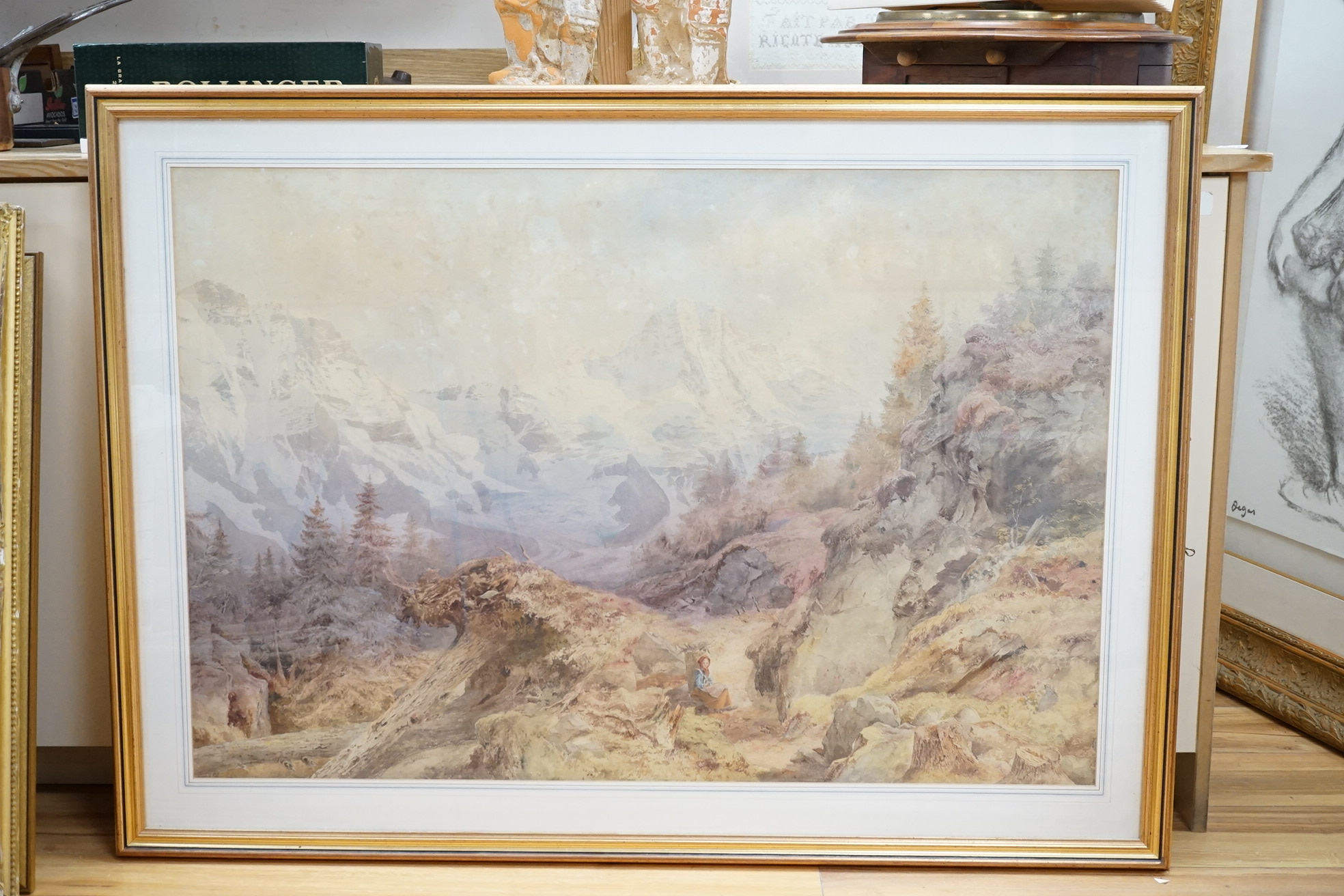 Edward Pritchett (1828-1876), watercolour, North Face of Mount Eiger and the Monch, 67 x 100cm. Condition - discoloured and foxed